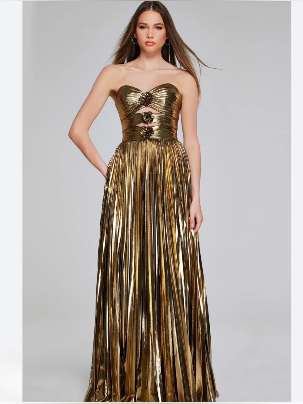 JOVANI Gold Metallic Pleated Strapless Floral Cut Out Prom Gown 42335 Size 0 - Picture 3 of 14